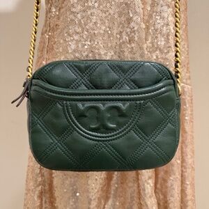 Tory Burch Fleming Soft Quilted Green Leather Camera Bag Crossbody Purse